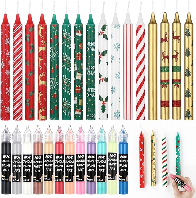 Conelist 24 Pcs DIY Candle Painting Kit with 12 Pcs Holiday Color Tape Candles and 12 Candle Wax Pens for Family Crafts Birthday Christmas Party Favors