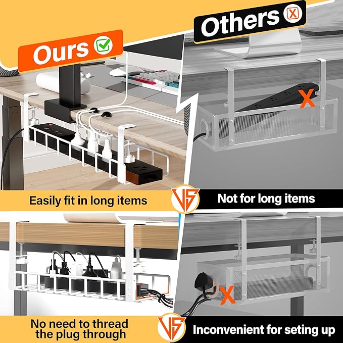 2 Pack Under Desk Tray, 31.4" No Drill Wire Management with Upgraded Clamp, Metal Cord Organizers for Desk, PC Cable Rack, White