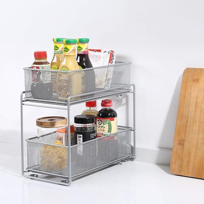 2 Tier Sliding Basket Stackable Cabinet Pull-Out Drawer Mesh Organizer for Kitchen Under Sink Storage (Silver)