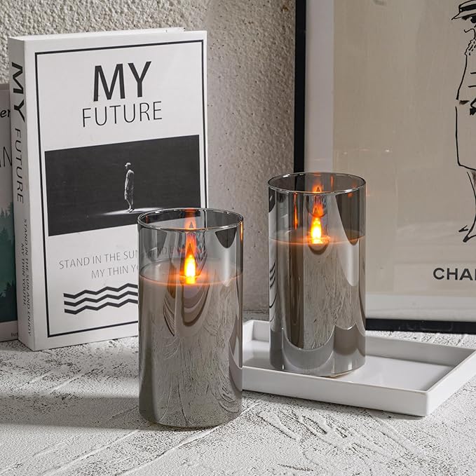 HaitanghuaRechargeable Candles, Remote Control Candles with Remote, 2/4/6/8 Hour Timer, USB Rechargeable flameless Pillar Candles, Gray, 6 inches (2-Pack)