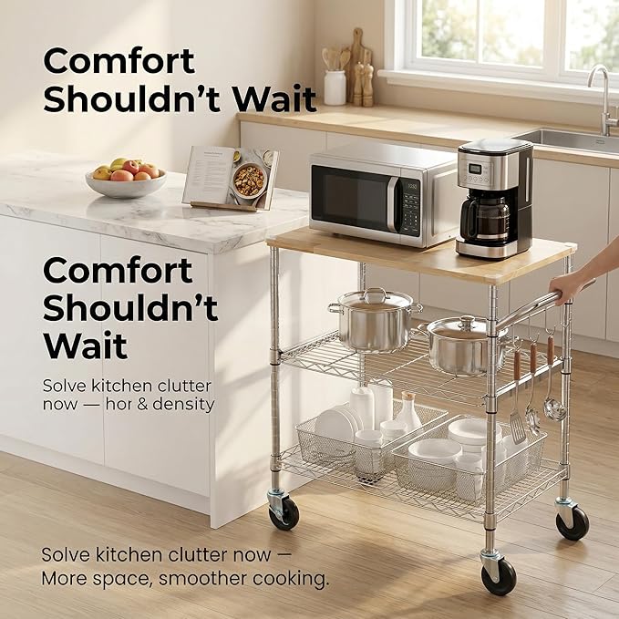 Finnhomy 3-Tier Rolling Kitchen Cart With 18" D x 30" W Oak Wood Tabletop, Kitchen Island With 4" Wheels and Slider Shelf, Microwave & Coffee Cart With Hooks for Dining Room, Chrome