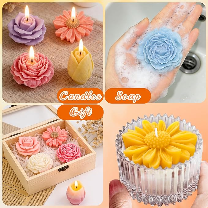 4 Pcs Flower Silicone Molds Set, 3D Floral Silicone Molds Daisy, Peony, Rose, Tulips, Easy Release, Ideal for DIY Candles, Soap, Epoxy Resin Casting Mom Gifts