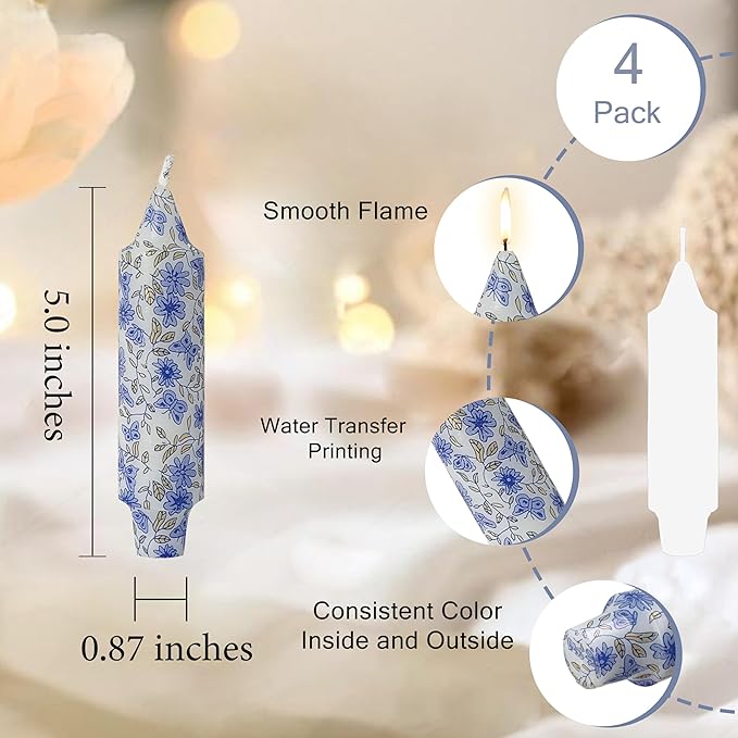 5 inch Short Candle Floral Candle Sticks Printed Candlestick Handmade Unscented Taper Candle 4 pcs Blue Flower Tapered Candles for Home Dinner Wedding Holiday