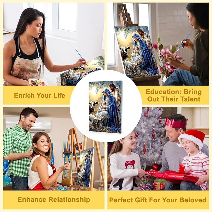 Bowetile Nativity Scene Paint by Numbers for Adults Beginners Framed, Adults' Paint-by-Number Christmas Kits on Canvas, Acrylic Number Painting Gifts for Home Wall Decor, 8x12in