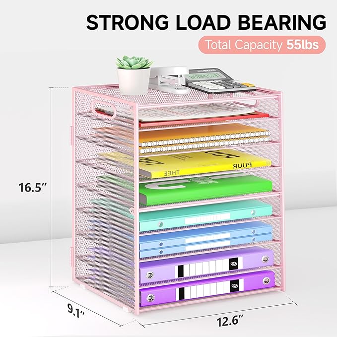 Cawukege 9 Tier Paper Organizer with Handle, Pink Large Capacity Desk Organizer Mesh File Folder Letter Paper Tray Desktop Document Sorter for Classroom, School, and Office Accessories Organization