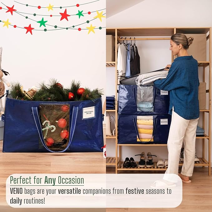 VENO 8 Pack Heavy Duty Moving Bags, Clothes and Comforter Storage Bags with Clear Window, College Dorm Essentials Packing Supplies, Foldable Boxes Alternative (Blue, 8 Pack)