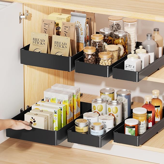 Delamu 3 Pack Pull Out Cabinet Organizer, 15.7" Deep Pull Out Drawers for Cabinets, Slide Out Drawers for Kitchen Cabinets, Bathroom Cabinet Organizer, Pantry (Black)