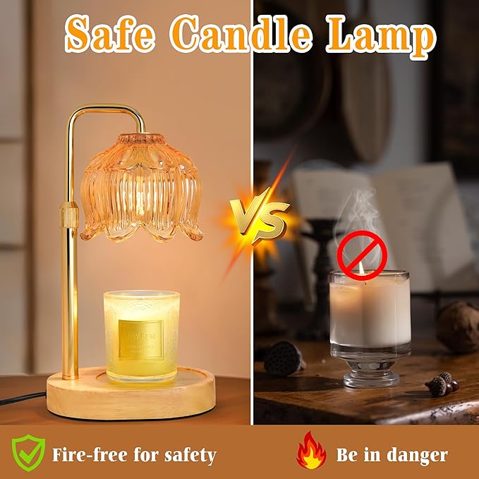 Candle Warmer Lamp with Timer Dimmer, Adjustable Height Candle Wax Warmer, Christmas Birthday Gift for Mom Women, House Warming Gifts for New Home Bedroom Decor, (Lotus Flower-Amber)