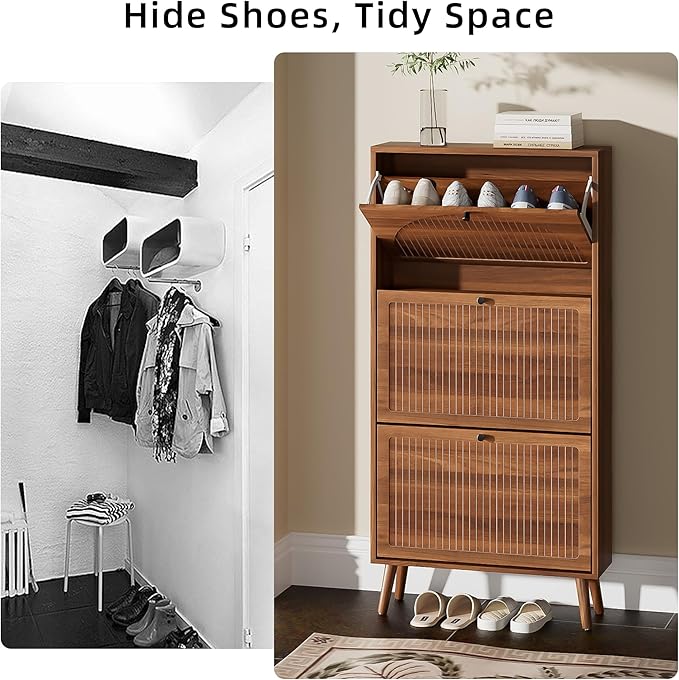 Fsbecl Shoe Storage Cabinet for Entryway with 3 Flip Drawers, Narrow Shoe Organizer with Fluted Panel, Freestanding Wood Hidden Shoe Cabinet for Hallway(Walnut, 23.6''W, Single Layer)