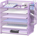 SUPEASY 6 Tier Paper Organizer with 4 Pen Holders, Mesh Letter Tray with Handle, A4 File Organizer, Purple