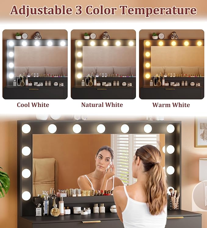 Makeup Vanity Desk with Mirror and Lights, 39.3in Vanity Desk with LED Lights, 3 Color Modes, Built-in Power Outlet, Vanity Desk with Large Storage & 5 Drawers for Bedroom and Dressing Room, Black