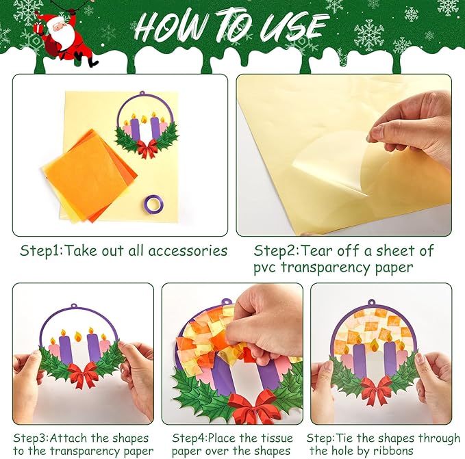 Qyeahkj 36 Set Christmas Advent Wreath Suncatchers Crafts for DIY Advent Candle Tissue Paper Craft Kit Hanging Decor for Xmas Holiday Home Activity Art Project Birthday Party Favor Gift
