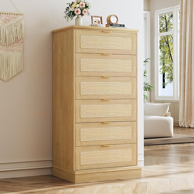 HUAHUU 6 Drawer Dresser for Bedroom, 50 Inch Tall Dressers & Rattan Chest of Drawers, Boho Style, Wood Modern Dressers Organizer for Bedroom, Living Room, Hallway, Entryway, Oak