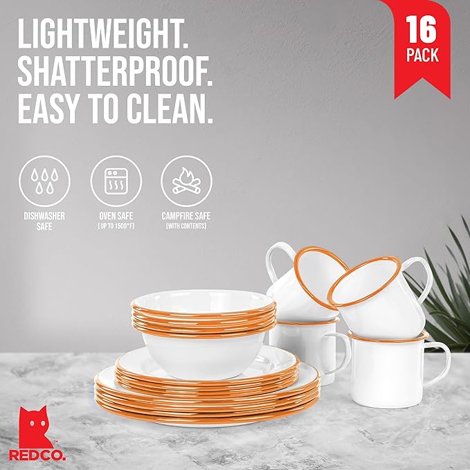 Red Co. 16-Piece Enamelware Metal Dinnerware Set for 4, Solid White/Orange Rim