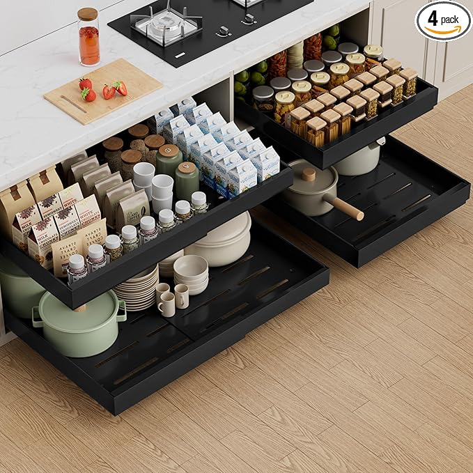 PAKETA 4 Pack Expandable Pull Out Cabinet Organizer, 21'' Deep Pull Out Drawers for Cabinets, Upgrade 3 Slide Rails Sliding Drawers for Cabinet with Adhesive Nano Film (Black, 21"D X 15-26"W ）