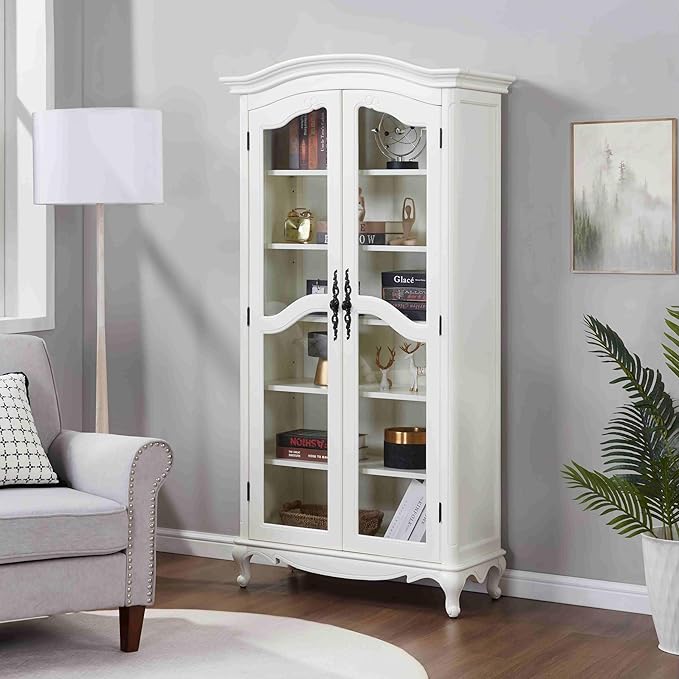 Farmhouse Arched Display Cabinet Bookcase Bookshelf with Glass Doors and Adjustable Shelves, 72" Tall 6 Tiers French Country-Inspired Wooden Curio Cabinet for Living Room, Office (Antique White)