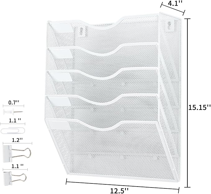 LEKETREE Hanging Wall File Organizer with Office Assorted, 5 Pockets Mesh Wall Mounted File Folder Holder for Mail, Paper, Document, Binder, Magazine, Menu (White)