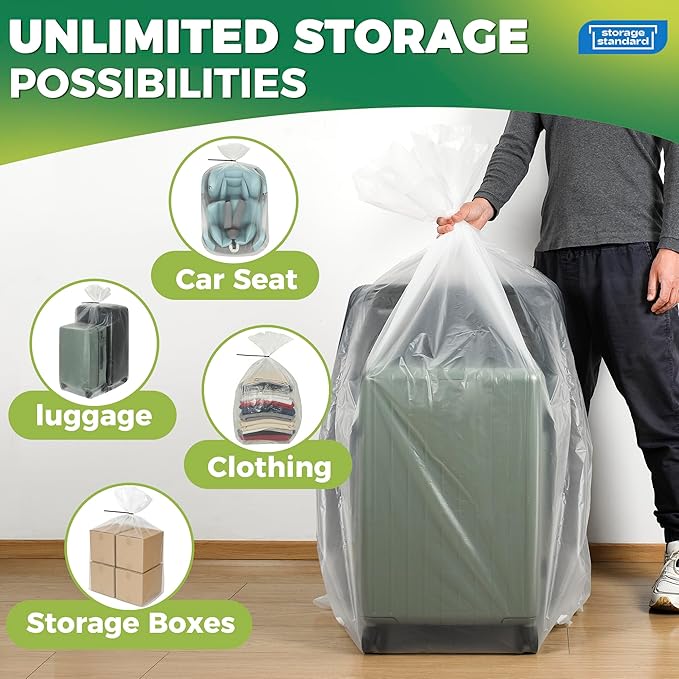 Storage Standard 6-Pack Large Clear Plastic Bags for Storage - Waterproof Extra Large Plastic Bags with Zip Ties, Heavy-Duty Cover for Luggage, Suitcases, Strollers & Travel Gear - 40 x 60 Inches