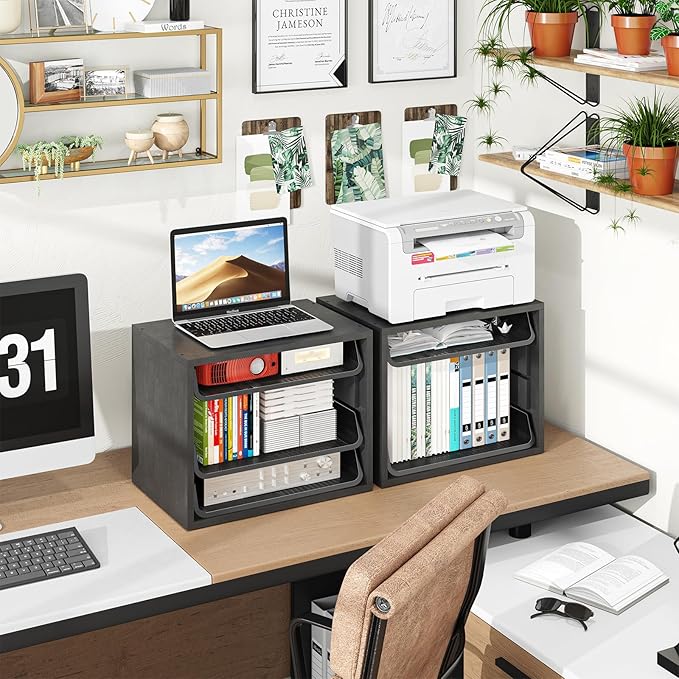 Simple Trending Desk File Organizers, 4-Tier Letter Tray Paper Organizer with File Holder, Wooden Paper Sorter for Office Supplies, Black