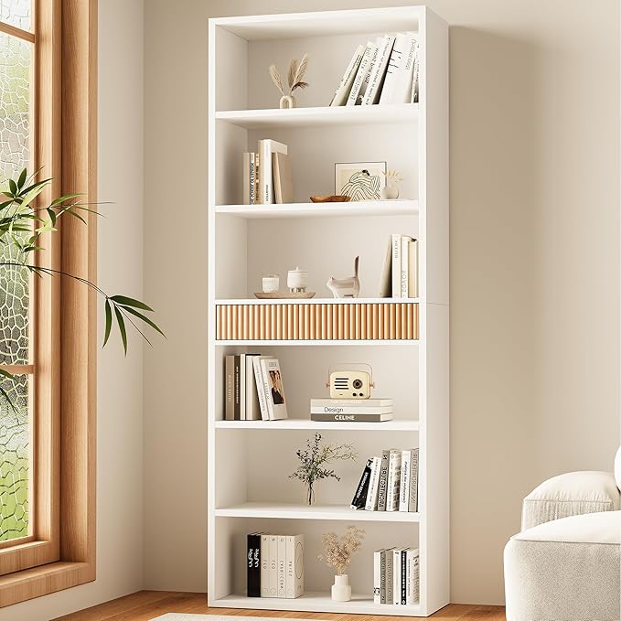 INNOD 72" Tall Bookshelf with Storage, 7-Tier Bookcase Fluted with Drawer, Display Book Shelf Book Organizer with Anti-tip Device, Home Decor Wood Furniture for Bedroom, Living Room and Office, White