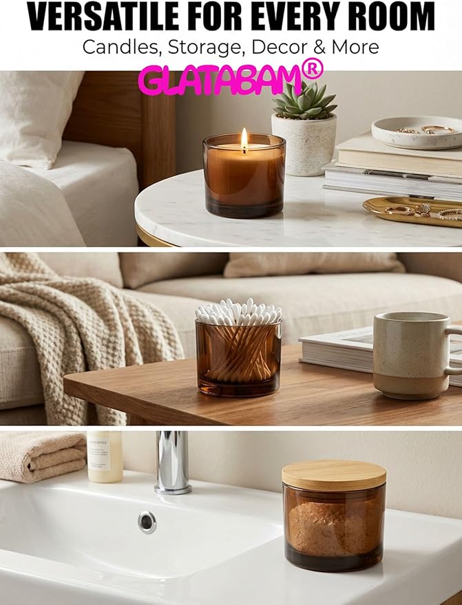 GLATABAM 4 OZ Candle Jars 12 Pack - Bulk Glass Candle Making Jars with Bamboo Lids & Labels, Heat Resistant Empty Reusable Candle Vessel for Containers(Amber)