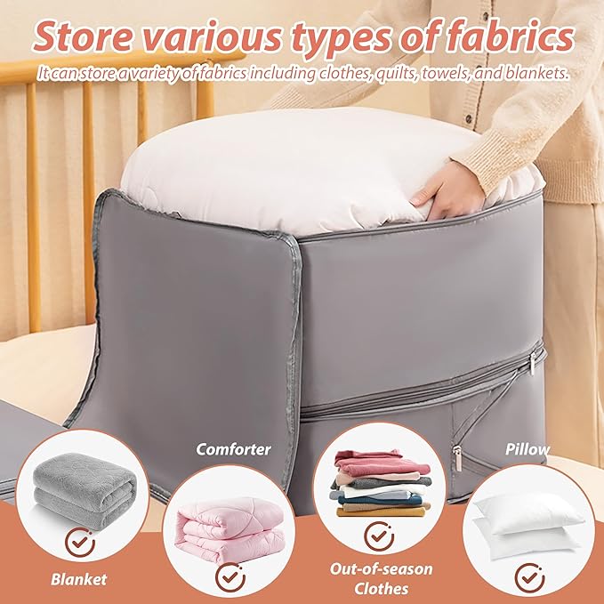 Veki Comforter Storage Bag, Space Saving Self Compression Foldable Blanket Storage Bags, Closet Organizer With Handle and VisualiZation Window, Large capacity 130L for Bedding, Clothes (Grey L)