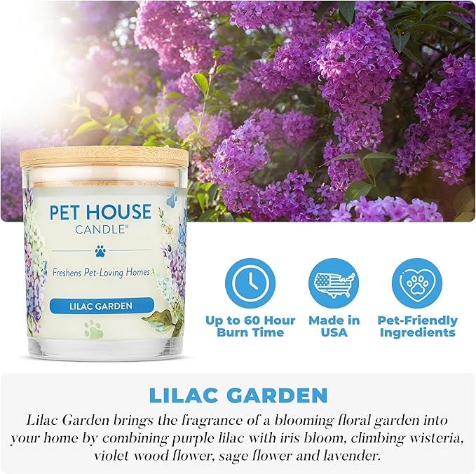 Pet House Candles, Plant-Based, Long Lasting, Clean Burning Scented Candles for Pet Odor - Lilac Garden, 2 Pack