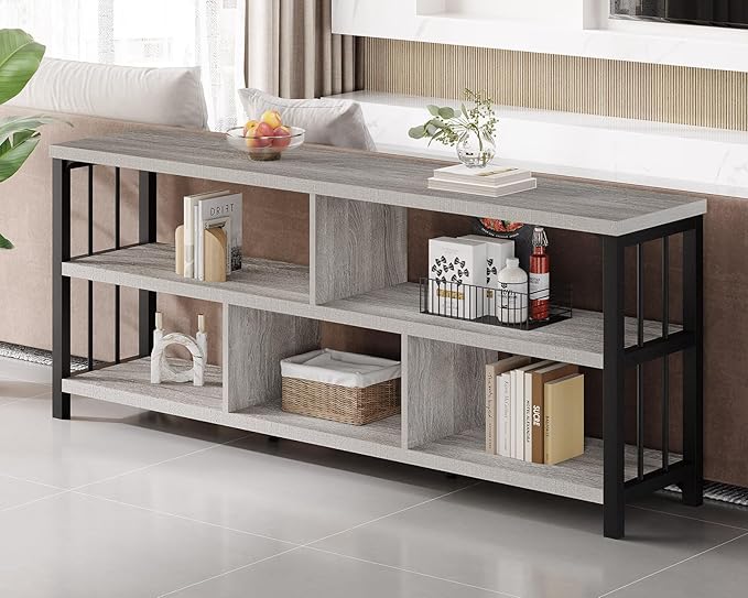 IBF Grey Bookshelf, Industrial 63” Long Open Book Shelf, Wide 5 Cube Gray Horizontal Bookcase for Home Bedroom, 3 Tier Wood Metal Low Cubby Storage Organizer Shelf for Living Room, Light Grey Oak