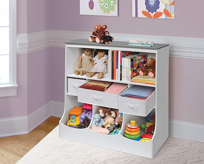 Badger Basket Combo Toy Storage Organizer and Bookshelf - Kids Storage Unit with 3 Removable Baskets, Open Shelves, Top Display Surface - White/Gray