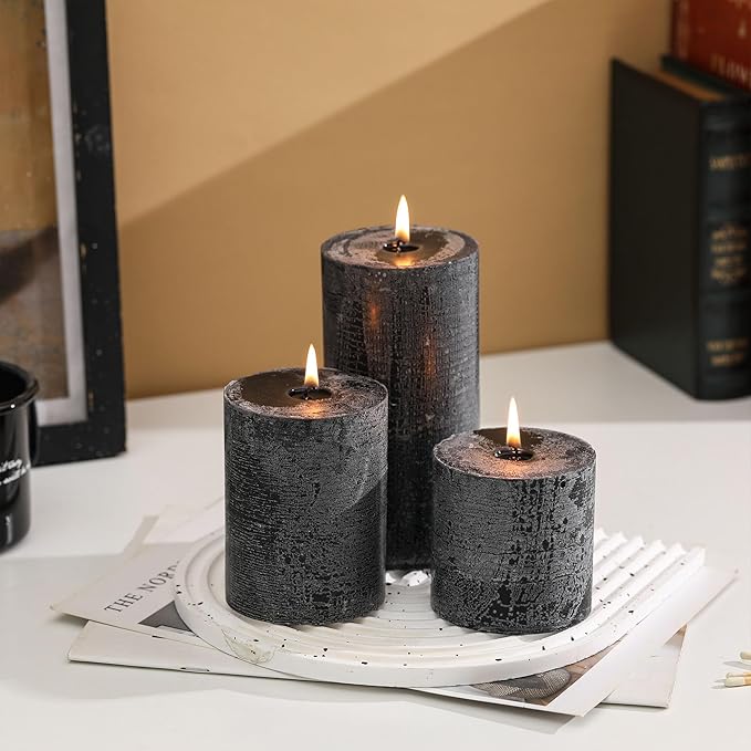 3x3 Inch Black Pillar Candles Set of 3 - Hand-Poured Unscented Candles, Long Clean Burning, Large Big Candle, Smokeless Dripless Candle for Dinner Table, Party, Home, Bathroom, Gothic Decor