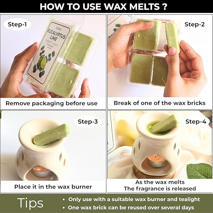 TRUMIRI Eucalyptus Lime Scented Wax Melts - Made with Non Toxic Soy Wax and Essential Oils - Long Lasting Strong Scent Pet Safe Aromatherapy Candle Wax Cubes Tarts for Warmers Pack of 4