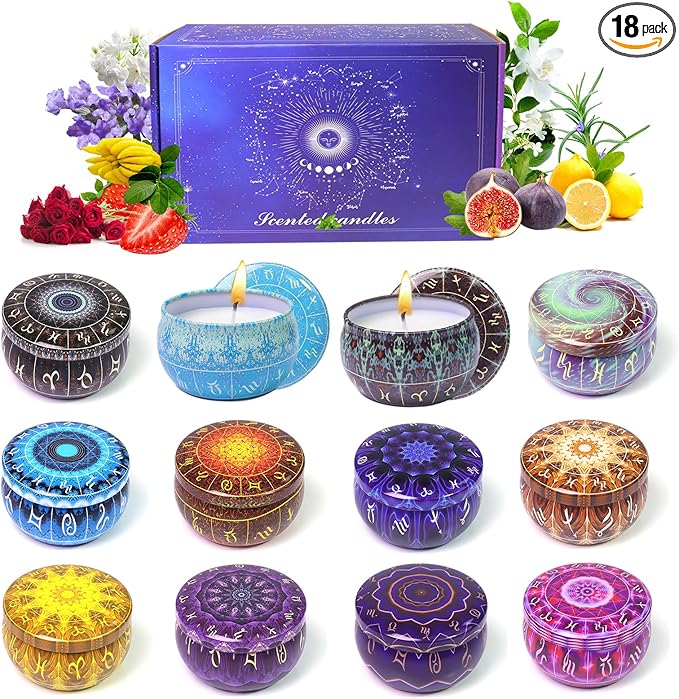 Zodiac Scented Candles Gift Set, 12 Pack Travel Size Soy Wax Aromatherapy Candles with Essential Oils, Astrology Constellation Candle Set for Birthday, Valentine's Day, Relaxation, Home Decor