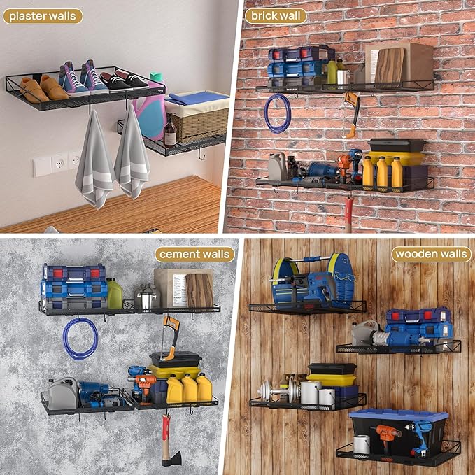 2 Pack Garage Wall Shelf, Garage Wall Mounted Shelving, Heavy Duty Floating Shelves With 4 Hooks, Loads 90 LBS Black Wall Shelves Mesh Storage Rack for Office, Basement, Wall Cabinet and Kitchen