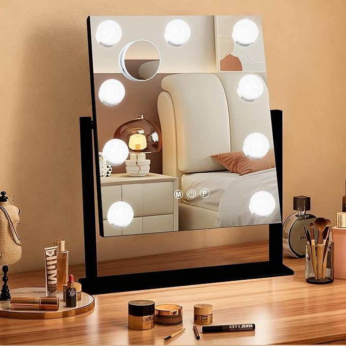 Ratsamee Black Hollywood Vanity Mirror with Lights, 9 Dimmable Bulbs, 3 Color Lights,Make Up Lighted Mirror, 10x Magnification 360°Rotation(12" x 14")