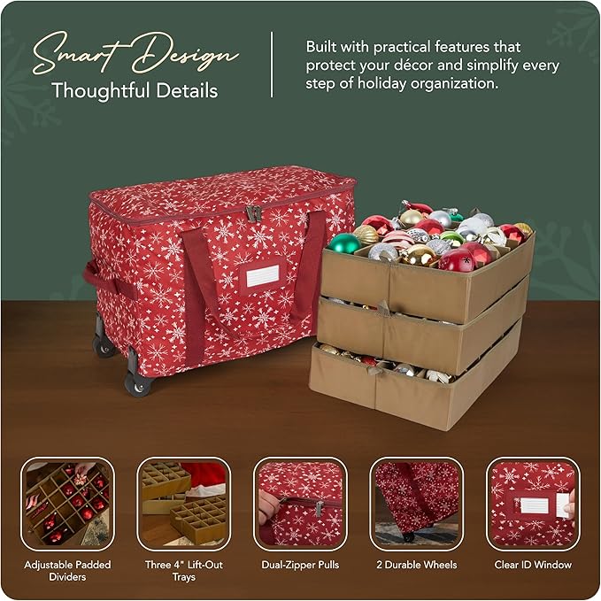 Covermates Keepsakes Rolling Adjustable Ornament Storage Bag – Heavy-Duty Polyester, FlexGrid Trays & Padded Dividers – Protective Holiday Organizer with Wheels, Handles & ID Window, Red Snowflake
