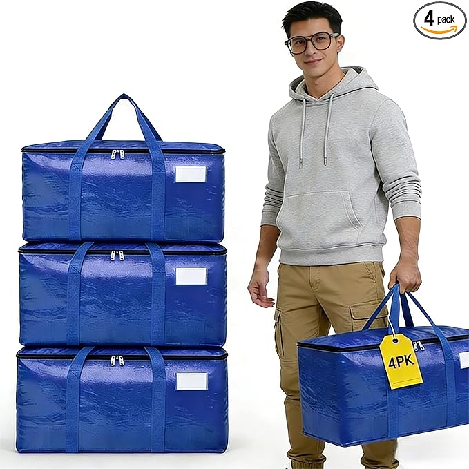 4PK Extra Large Heavy Duty Moving Bags, Blue Storage Moving Bags, Reinforced Handles & Heavy-Duty Zippers Moving Boxes, Storage Bags Totes for Clothes, College Supplies, Traveling.