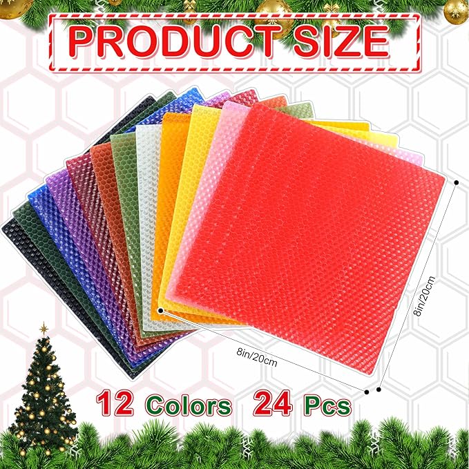 Moinchore 24 Pcs Beeswax Candle Making Kit, 8 x 8 Inch Vibrant Colors Beeswax Sheet for Candle Making with 1 Roll Cotton Wick, DIY Craft Rolling Supplies for Christmas Handmade Crafts Gift(Multicolor)