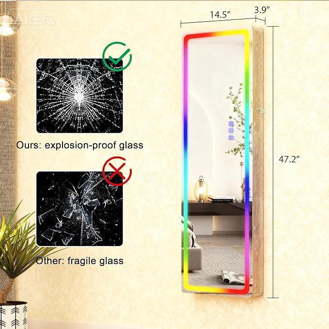 Lvifur LED Mirror Jewelry Cabinet - with RGB lights,Lockable Wall/Door Mounted Full Length Mirror with Storage,Hanging Jewelry Organizer-2 Drawers,Foldable Shelf,Built-in Lighted Mirror(Wood)