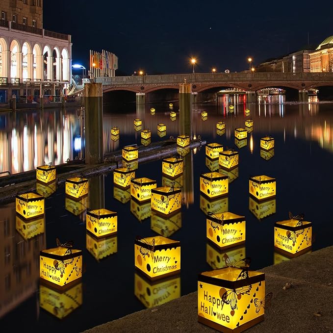 40PCS Gold+White Outdoor Floating Candle Lantern Kit - DIY Tangled Paper Lantern Pattern, Waterproof Wishing Lanterns for Garden, Patio, Hallowee & Christmas,Wedding Pool Decoration