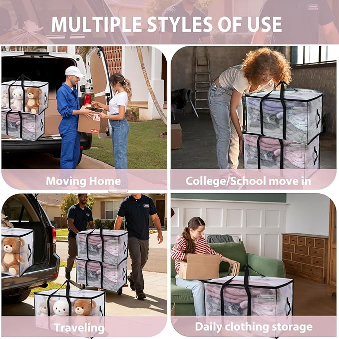 6 Pack Moving Bags Heavy Duty, Extra Large Moving Bags, Moving Supplies, Storage Bags with Handles and Zippers, Waterproof Totes for Storage Space Saving Packaging Shipping and Travel(Clear）