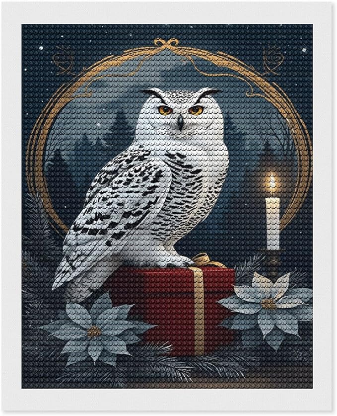 KIVJMSIDJA Snowy Owl & Candle Glow - Winter Night Scene Diamond Art Kits for Adults for Beginners, 5D Full Diamond Art Paint 16"x20"