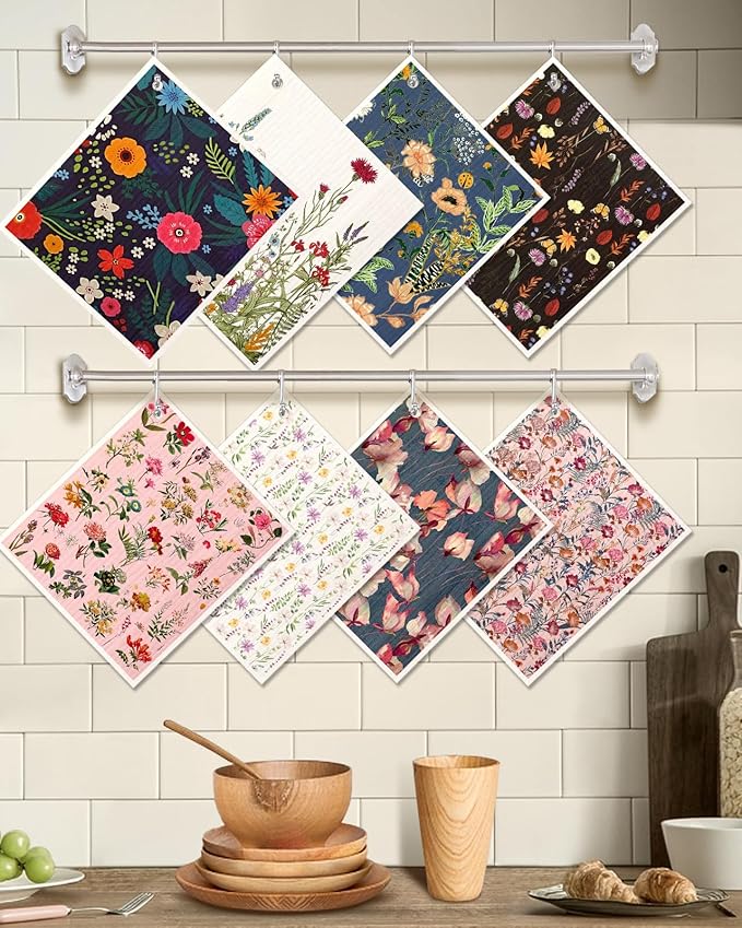 Miss Adola 8 Pack Reusable Kitchen Swedish Dishcloths for Washing Dishes - Absorbent Fast Drying Cleaning Sponge with Cute Flower Design - Washable Decor Cloths