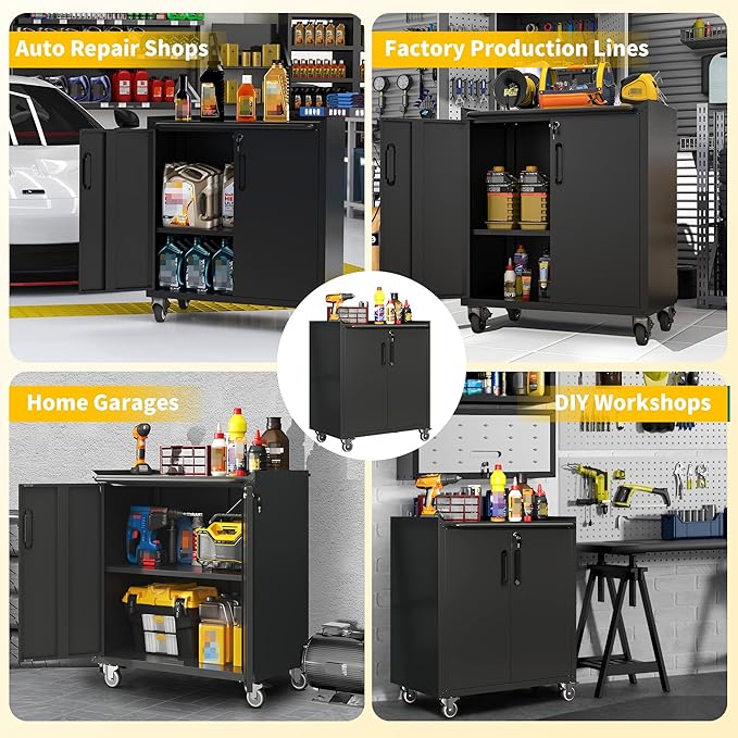 Garage Storage Cabinets with Wheels, Locking Metal Storage Cabinets with Doors and Adjustable Shelves, Easy Assembly Tool Cabinet for Garage,Basement,Warehouse