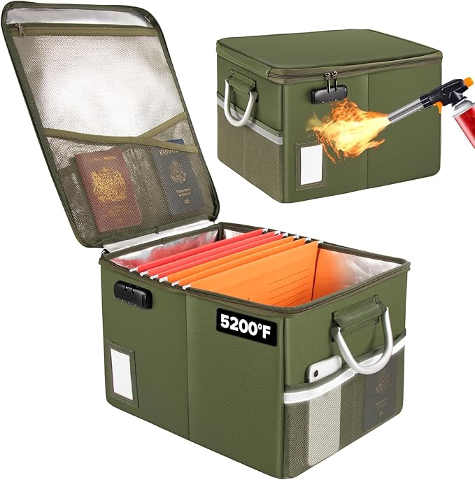 TOMKID 5200°F Fireproof Document Box, Fire Important Document Organizer with Lock, Upgraded Heat Insulated Filing Storage Cabinet Office Organization (5200°F Fireproof Box, Green)