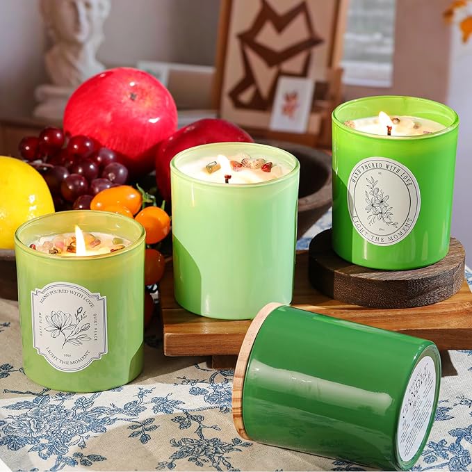 12Pcs Assorted Green Glass Candle Jars with Wooden Lids for Making Candles, 10 OZ Empty Candle Jars with Labels and 100g Crystal Rocks, Candle Making Supplies Candle Containers for Home DIY & GIFTS