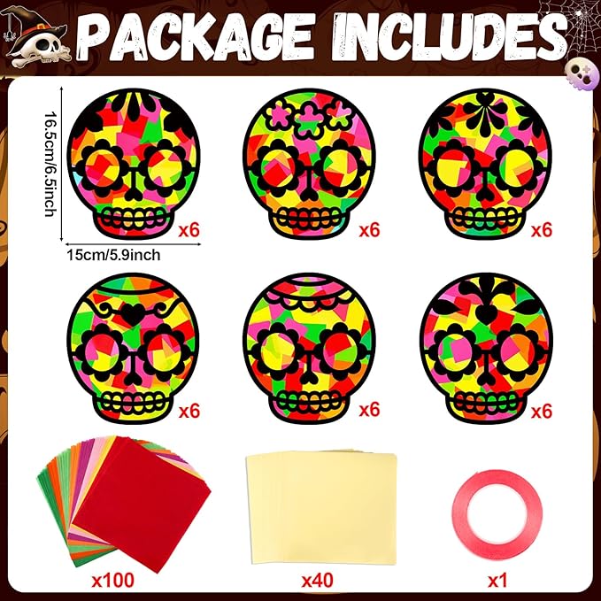 Qyeahkj 36 Set Day of The Dead Suncatchers Crafts for DIY Skull Window Tissue Paper Craft Kit Hanging Decor for Mexico Home Activity Art Project Birthday Party Favor Gift
