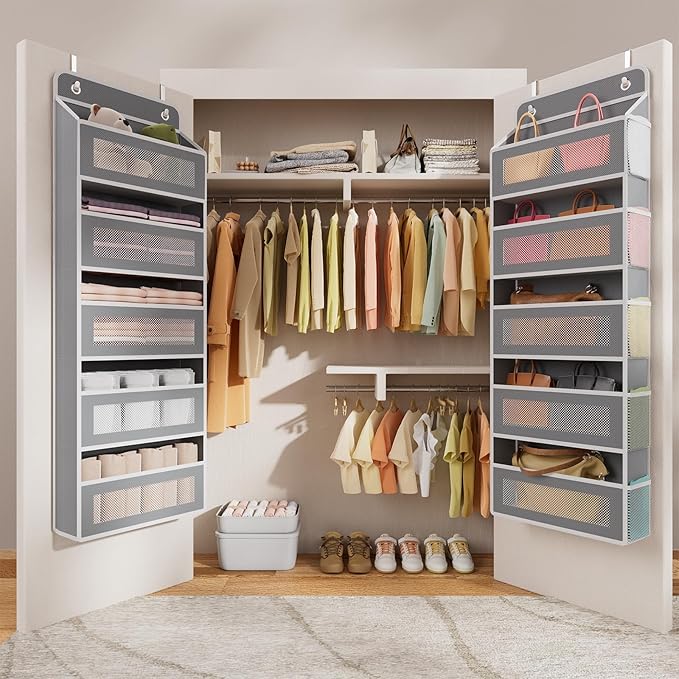 Simple Trending Over The Door Organizer Storage with 5 Large Pockets 5 Side Pockets, Heavy Duty Hanging Organizer for Bedroom, Bathroom, Pantry, Nursery, (Grey)