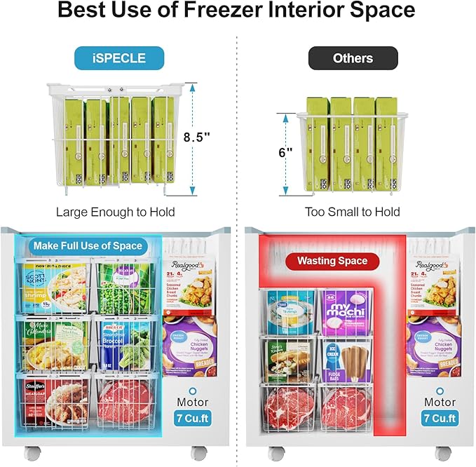 iSPECLE Freezer Organizer Bins - 4 Pack Adjustable Width for 5 to 7 Cu.Ft Chest Freezers, Stackable Wire Storage Baskets for Deep Freezer Organization, Assembly Required, White