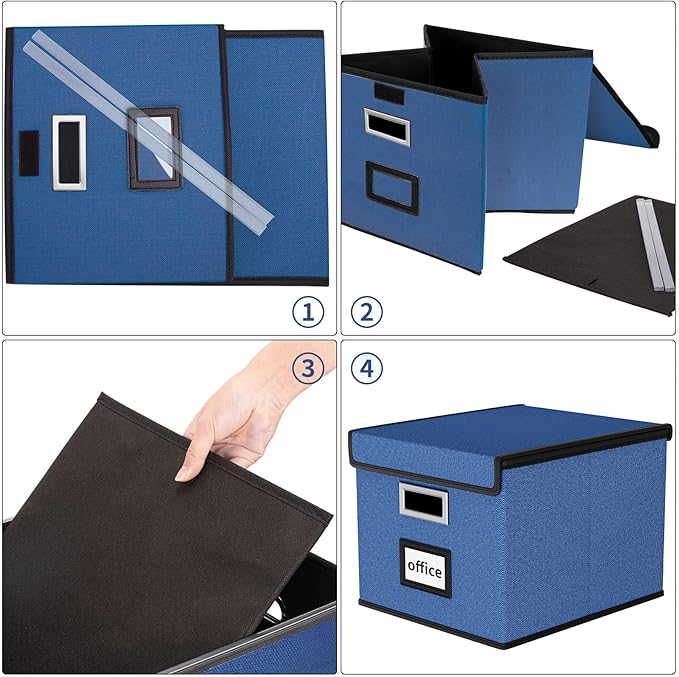 Huolewa Decorative File Organizer Boxes Office Document Storage with Lids, Portable Collapsible Linen Hanging Filing & Storage Boxes for Office/Decor/Home (Royal Blue) -14.9 x 12.7 x 10.8 inch -2 Pack