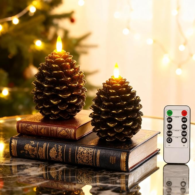 2pcs Flameless Pinecone Candles with Remote, Battery Operated Pine Cone Candles Real Wax Winter Decor, Flickering LED Christmas Decoration, D3.5 x H5 Inch, Brown & Gold Trim